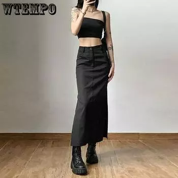 WTEMPO Простая черная юбка с разрезом, тонкая универсальная легкая крутая тонкая длинная юбка, летняя женская очаровательная уличная одежда для зрелых женщин S чёрный