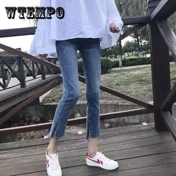 WTEMPO Пружина Микро Расклешенные Джинсы Женщины Прямая дыра Девятиточечные брюки Высокая талия Были Тонкие Студенты XXXL