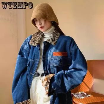 WTEMPO Пуговицы Карманы V-образный вырез Смешанные хлопковые пальто женские толстые теплые осень-зима Большие размеры ветрозащитные плюшевые джинсовые куртки One Size синий