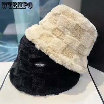 WTEMPO японский стиль овечья шерсть клетчатые шляпы рыбака женские осень зима повседневные толстые теплые большие панамы 56-60cm чёрный