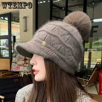 WTEMPO Rabbit Hair Blend Woolen Winter Hats Women All-match Hairball Peaked Caps Windproof Thickened Warm Plush Bomber Hats One Size хаки