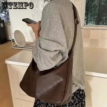 WTEMPO Ретро искусственная кожа большой емкости женские сумки через плечо повседневные сумки-тоут сумки на молнии сумки для покупок сумки-мессенджеры 31*10*21cm чёрный