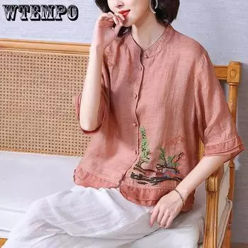 WTEMPO Ретро футболки с вышивкой Ramie, женские летние свободные рубашки с воротником-стойкой в этническом стиле, повседневные шикарные элегантные топы M розовый