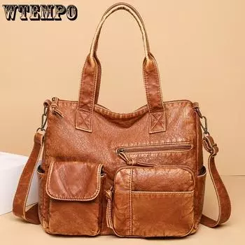 WTEMPO Ретро мытая кожаная сумка Модная женская большая сумка большой емкости с несколькими карманами 30* 12 * 25cm
