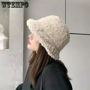 WTEMPO Ретро овечья шерсть теплые толстые рыболовные шапки женские однотонные универсальные повседневные пушистые панамы осень-зима 1pc белый