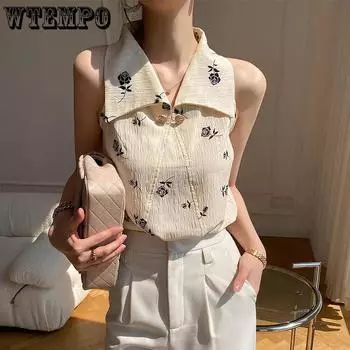 WTEMPO Retro Sleeveless Beige Shirt Women s Summer Chic Turn-down Collar Printed Tops French Style Slim Off Shoulder Chiffon Tank Tops M бежевый