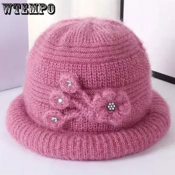 WTEMPO Ретро-стразы однотонные большие размеры эластичные теплые вязаные женские осенне-зимние повседневные универсальные шерстяные шапки One Size розовый