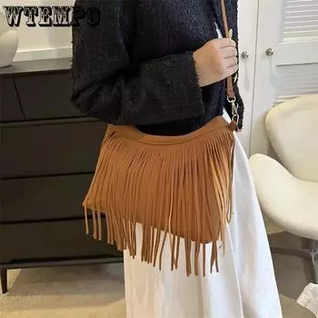 WTEMPO Ретро женские матовые кисточки простые однотонные сумки на плечо повседневные женские сумки на плечо на молнии сумки-мессенджеры 30*7*25cm чёрный