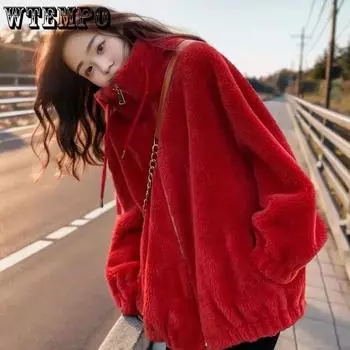 WTEMPO Рождественская красная шуба из ягненка, женские зимние пальто из искусственного меха, утолщенные флисовые пальто, ветрозащитные, утепленные куртки на молнии M красный
