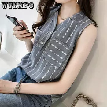 WTEMPO Рубашки из шифона в полоску с отложным воротником без рукавов, женские, весна-лето, большие размеры, топы-майки с пуговицами и карманами M зелёный