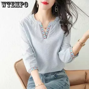 WTEMPO Рубашки в полоску из чистого хлопка высокого качества с рукавом семь четвертей, женские, весна-осень, повседневные, универсальные, в этническом стиле, с V-образным вырезом M
