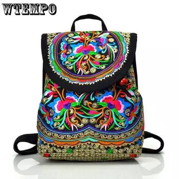 WTEMPO Рюкзаки с вышивкой в этническом стиле женские большие размеры красочные повседневные пляжные дорожные рюкзаки 23*13*29cm чёрный