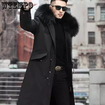 WTEMPO Съемная подкладка из искусственного меха Повседневная ветровка Мужская зимняя парка средней длины Пальто Большие размеры Теплые меховые пальто с капюшоном Куртки XXXL дубильная кора