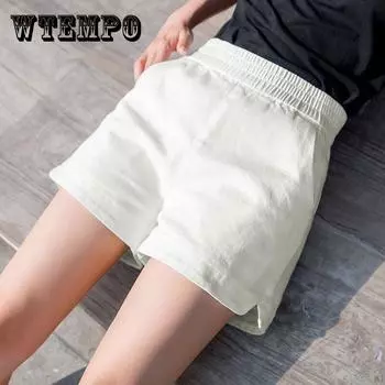 WTEMPO S-XXXL Льняные хлопчатобумажные шорты женщин Летний упругий Waist Твердый цвет Большой размер Тонкий дышащий широконогие брюки Случайный праздник Спорт Главная XXXL бежевый