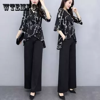 WTEMPO S-XXXXL, костюм из 2 предметов, весенне-летний женский комплект больших размеров с рукавами 3/4, свободный повседневный комплект из двух предметов S чёрный