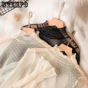 WTEMPO сетчатые ажурные кружевные рубашки с длинными рукавами-трубой, весенне-летние рубашки из марли, универсальные тонкие топы в горошек S белый