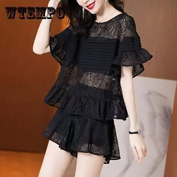 WTEMPO Сексуальный черный кружевной костюм женщины рубашка упругие шорты Waist Ruffle Плюс размер случайных двух частей костюм XXL чёрный