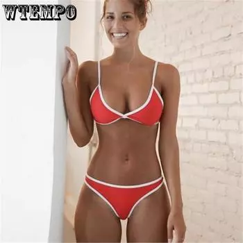 WTEMPO сексуальный летний женский комплект из двух частей бикини, однотонный мягкий купальник с пуш-ап, купальник S красный