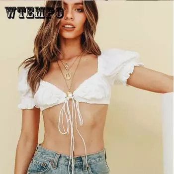 WTEMPO Сексуальный пупОк Низкий вырез Топ Жилет Ремешки с коротким рукавом Вечеринка Футболка Женщины L белый