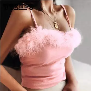 WTEMPO Сексуальный пупок Низкий вырезать Top Fluff Слинг футболка Вест Sleeveless Короткий Top Home Party Назначение Ежедневно L белый