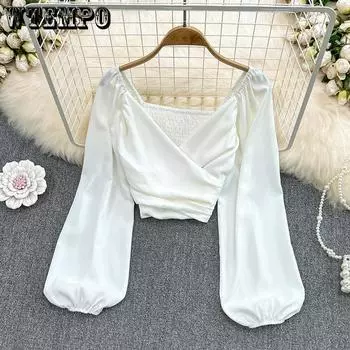 WTEMPO сезон: весна–лето, блузки с v-образным вырезом, женские однотонные эластичные рубашки с длинными пышными рукавами, женские шикарные укороченные топы с рюшами One Size красный