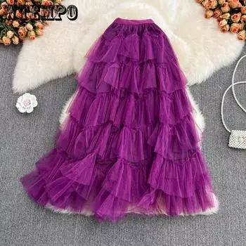 WTEMPO сезон: весна–лето, однотонные сетчатые юбки-пачки, женские повседневные свободные газовые юбки трапециевидной формы с эластичной резинкой средней длины и высокой талией One Size чёрный