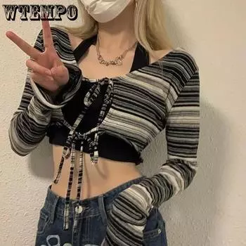 WTEMPO сезон: весна–лето, тонкие укороченные топы с длинными рукавами, женские повседневные короткие футболки в полоску на шнуровке, можно носить с обеих сторон S чёрный