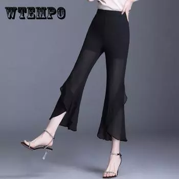 WTEMPO Шифон Лето Женщины Повседневные Дамы Flare Длинные Брюки Bell Bottoms Большой размер M-XXXL Укороченные брюки XXXL чёрный