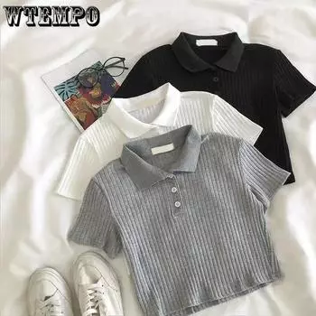 WTEMPO шикарные футболки с воротником-поло, женские корейские укороченные топы в стиле Харадзюку, футболки на пуговицах, облегающие женские рубашки с короткими рукавами, уличная одежда S чёрный