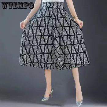 WTEMPO Широкие брюки с эластичной резинкой на талии, семь точек, брюки-кюлоты, женские модные повседневные укороченные брюки большого размера в клетку с принтом XL чёрный