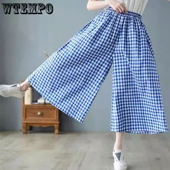 WTEMPO Смешанные хлопковые клетчатые брюки с широкими штанинами женские весна-лето-осень большие размеры свободные удобные повседневные брюки-кюлоты с карманами L синий