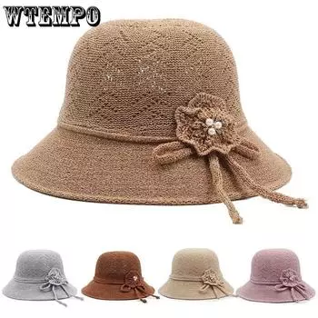WTEMPO Простые ретро однотонные шляпы от солнца с бантом и цветком для женщин, моющиеся, складные, дорожные, с ажурным узором, шляпы от солнца, шляпы-ведра One Size хаки