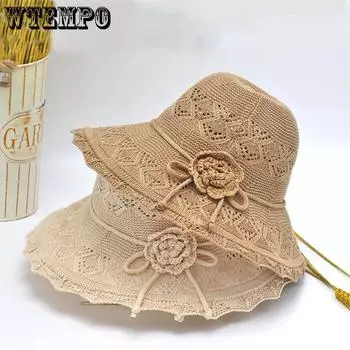 WTEMPO Складные летние вязаные панамы женские однотонные широкополые шляпы с бантом и цветком для путешествий на открытом воздухе и пляжа 1pc хаки