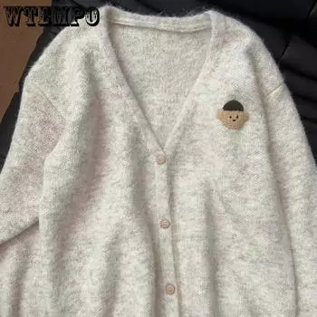 WTEMPO Soft Sticky Little Bear V-neck Autumn Winter Loose High-end Knitted Cardigans Women s Large Size Sweater Coats S бежевый