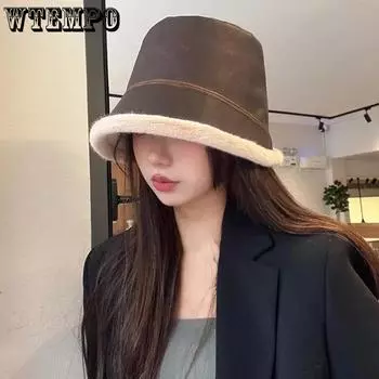 WTEMPO Solid Color Autumn Winter Splicing PU Bucket Hats Female Faux Fur Plush Cold-proof Windproof Hats One Size чёрный