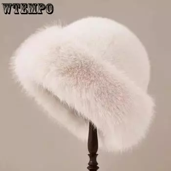 WTEMPO Solid Color Big Fluffy Hats for Women Luxury Plush Hats Warm Winter Thicken Cold-proof Windproof Snowy Day Caps 1pc белый