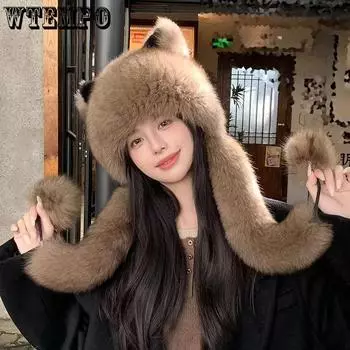 WTEMPO Solid Color Cute Ear Hats Plush Faux Fox Fur Ear Protector Scarf Hats Thick Winter Warm Soft Versatile Casual Hats One Size белый
