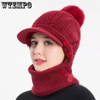 WTEMPO Однотонные женские вязаные шапки-пуловеры на осень-зиму, повседневные, утепленные, ветрозащитные, теплые, шерстяные шапки на пуговицах One Size чёрный