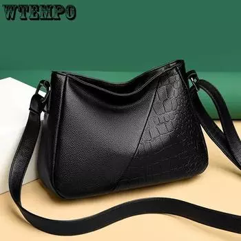 WTEMPO Однотонные сумки из искусственной кожи большой емкости на одно плечо, женские повседневные сумки через плечо на молнии с карманами 27*10*19cm чёрный