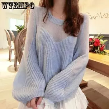 WTEMPO Solid Color Long Sleeve Lace Patchwork Knitted Sweater Outside Loose Set Sweater Autumn Winter Large Size O-neck Pullover S бежевый