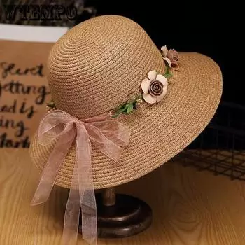 WTEMPO Solid Color Ribbon Bow Flowers Summer Hats Women s Summer Wide Brim Outdoor Holiday Travel Breathable Foldable Beach Sunscreen Hats 1pc хаки