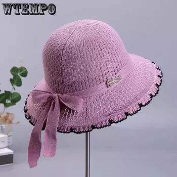 WTEMPO Solid Color Ribbon Bow Women Spring Summer Hats Wide Brim Outdoor Breathable Foldable Beach Sunscreen Hats 1pc абрикосовый