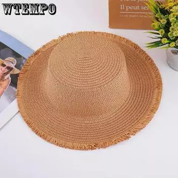 WTEMPO Solid Color Simple Summer Straw Hats Women Spring Summer Wide Brim Rough Selvedge Outdoor Breathable Foldable Beach Sun Hats 1pc