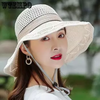 WTEMPO Solid Color Sun Hat with Wind-proof Rope Women Spring Summer Wide Brim Outdoor Breathable Foldable Beach Sunscreen Hats 1pc хаки
