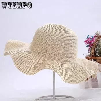 WTEMPO Solid Color Sun Hats Solid Color Women Spring Summer Big Wavy Brim Outdoor Breathable Foldable Beach Sunscreen Hats 1pc хаки