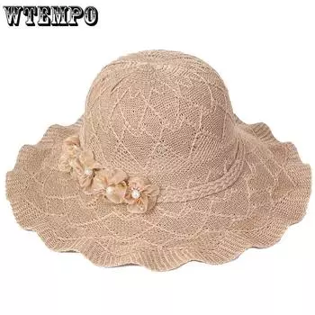 WTEMPO Solid Color Sun Hats with Flowers Women Spring Summer Wide Brim Outdoor Breathable Foldable Beach Sunscreen Hats 1pc