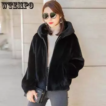 WTEMPO Solid Color Windproof Cold-proof Hooded Zipper Coats Women s Casual Versatile Faux Fur Plush Jackets M чёрный