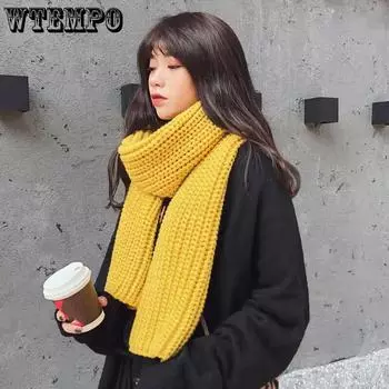 WTEMPO Solid Color Winter Long Warm Knitted Scarves Women s Thickened Windproof Cold-proof Versatile Casual Scarves One Size чёрный