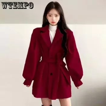 WTEMPO Solid Color Women s Thick Warm Autumn Winter Large Size Trench Turn-down Collar Belt Mid-length Coats M красный