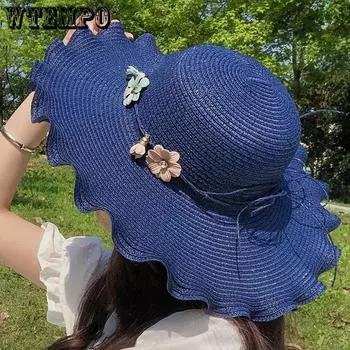 WTEMPO Solid Color Women Spring Summer Wide Brim Flowers Bow Sun Hats Outdoor Breathable Foldable Beach Sunscreen Hats 1pc хаки